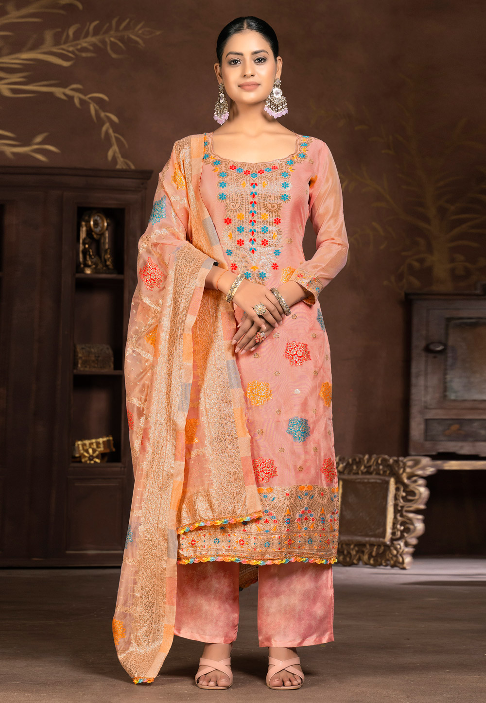 Peach Organza Palazzo Suit 281057