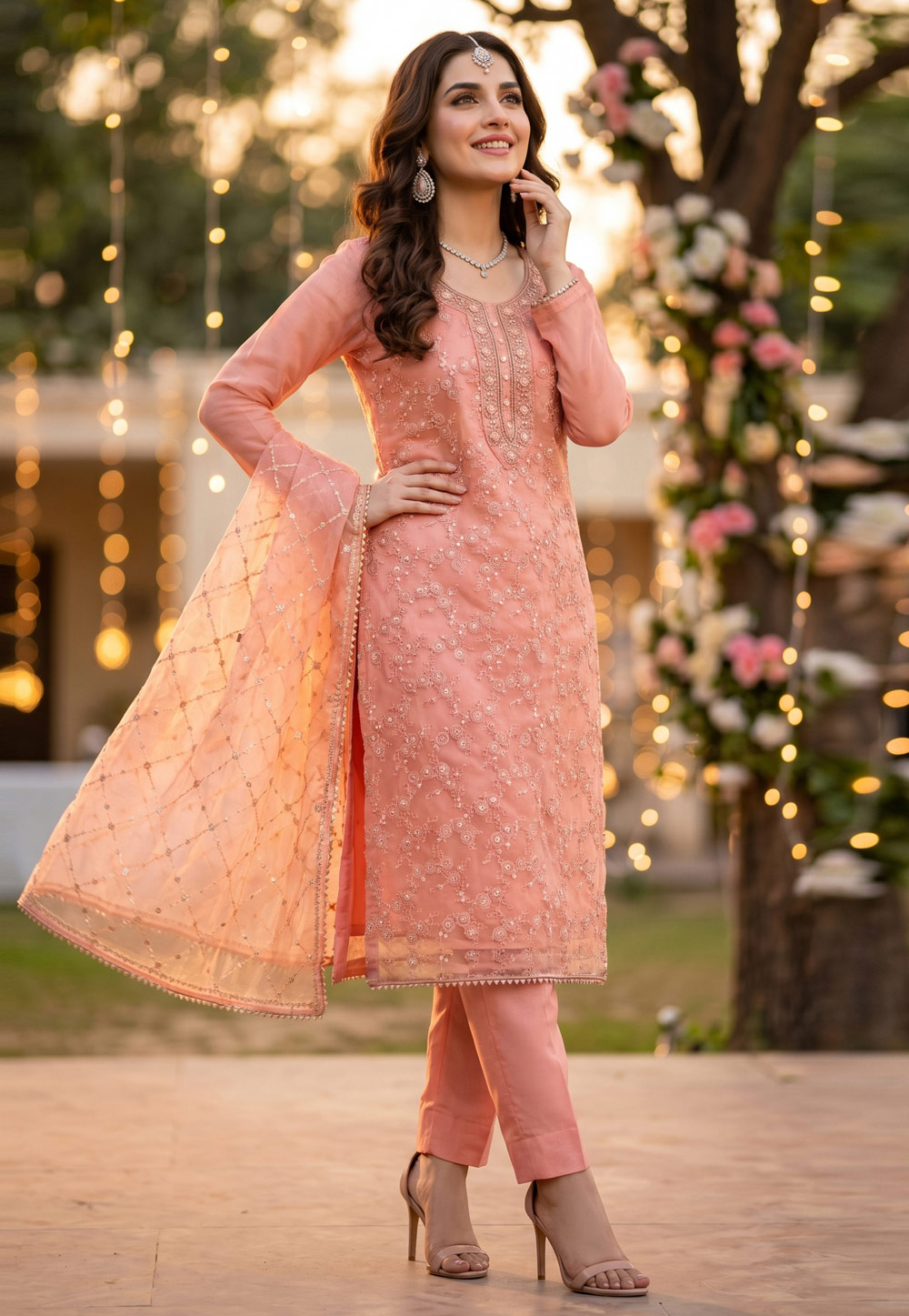 Peach Organza Pant Style Suit 328369