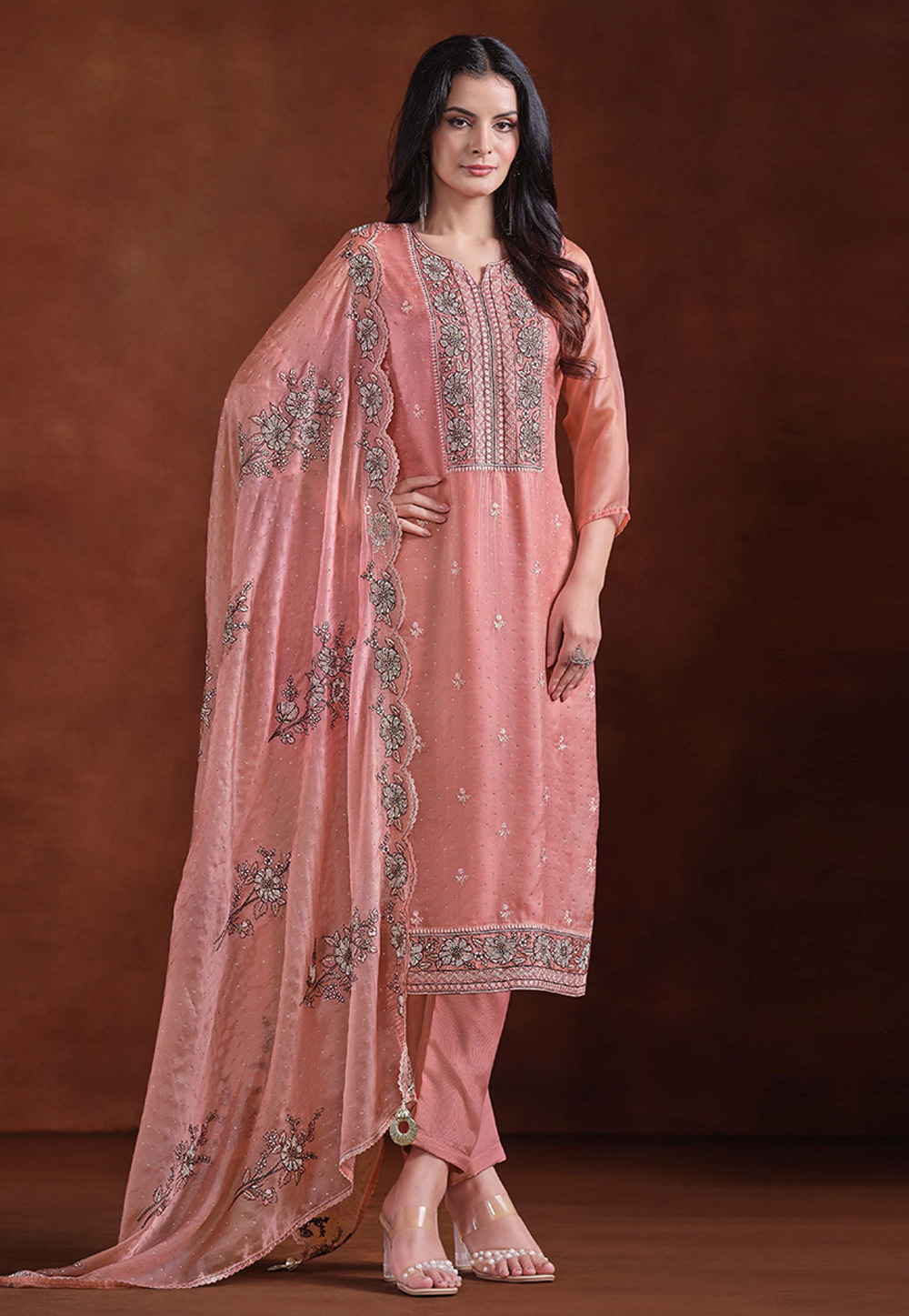 Peach Organza Pant Style Suit 324521