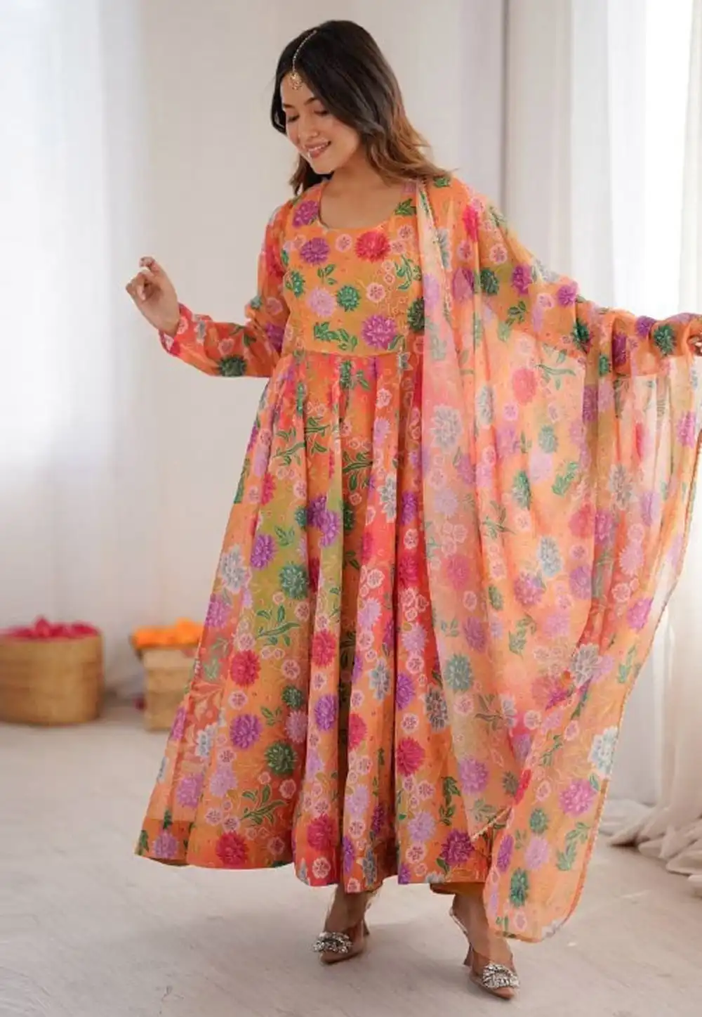 Peach Organza Readymade Anarkali Suit 322417