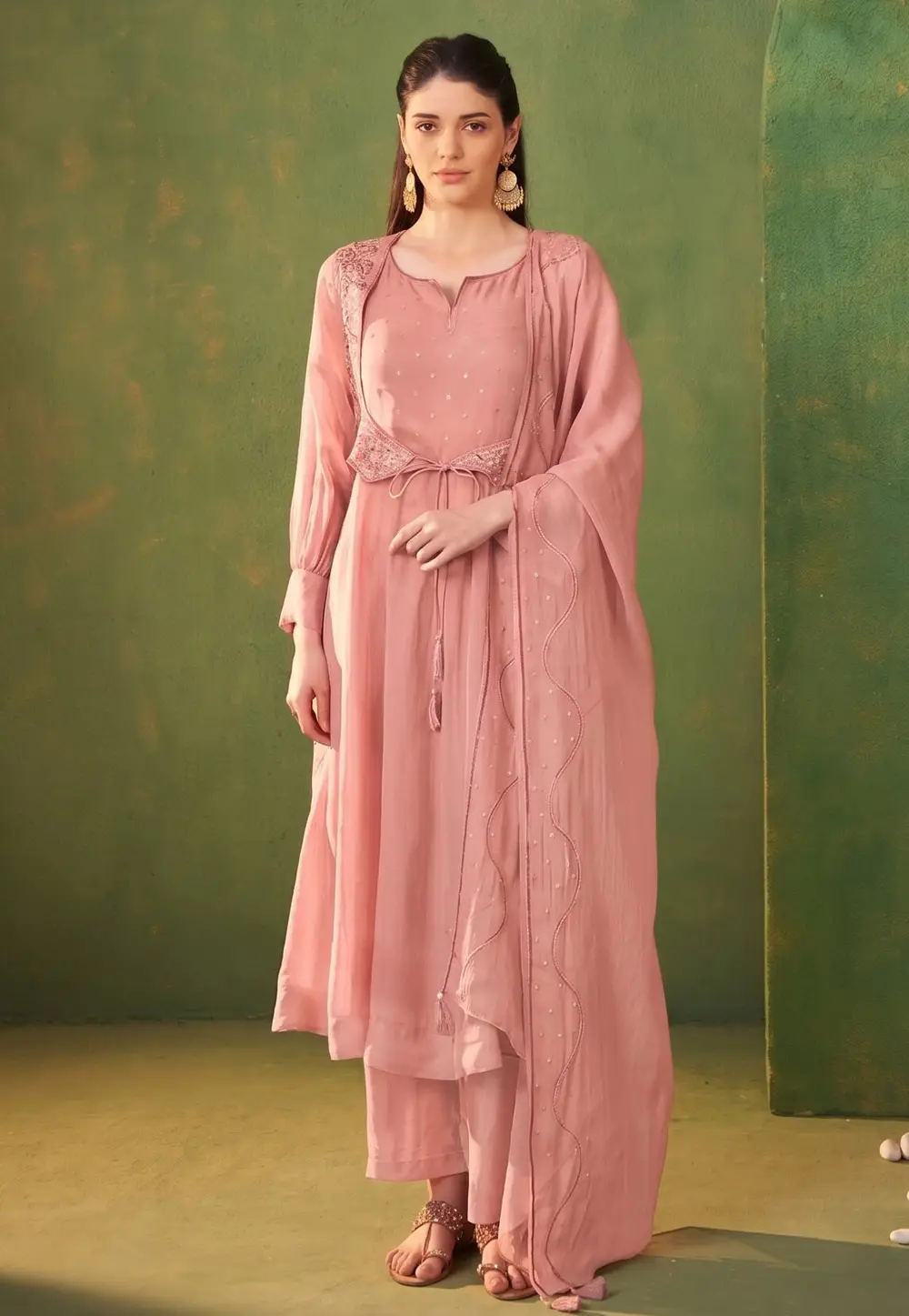 Peach Organza Readymade Anarkali Suit 333555