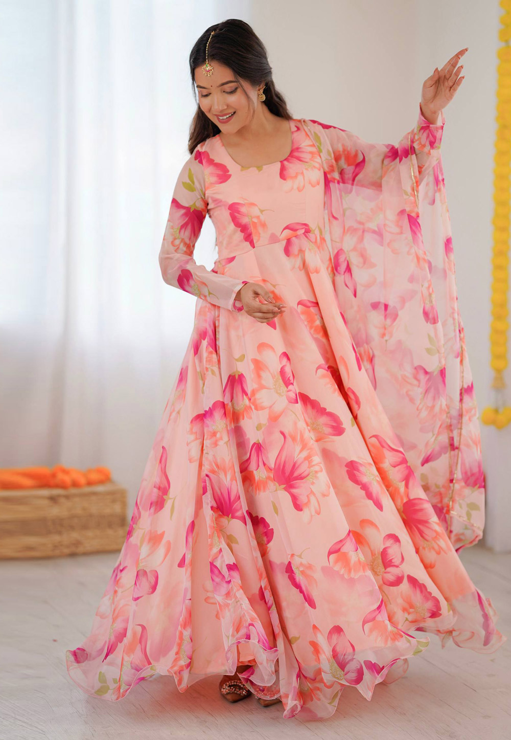 Peach Organza Readymade Anarkali Suit 326487