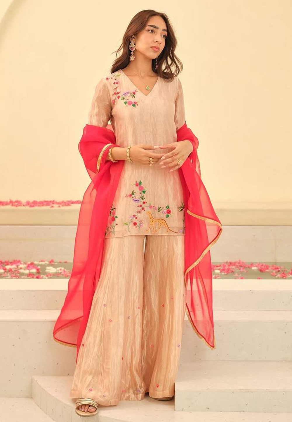Peach Organza Readymade Palazzo Suit 307141