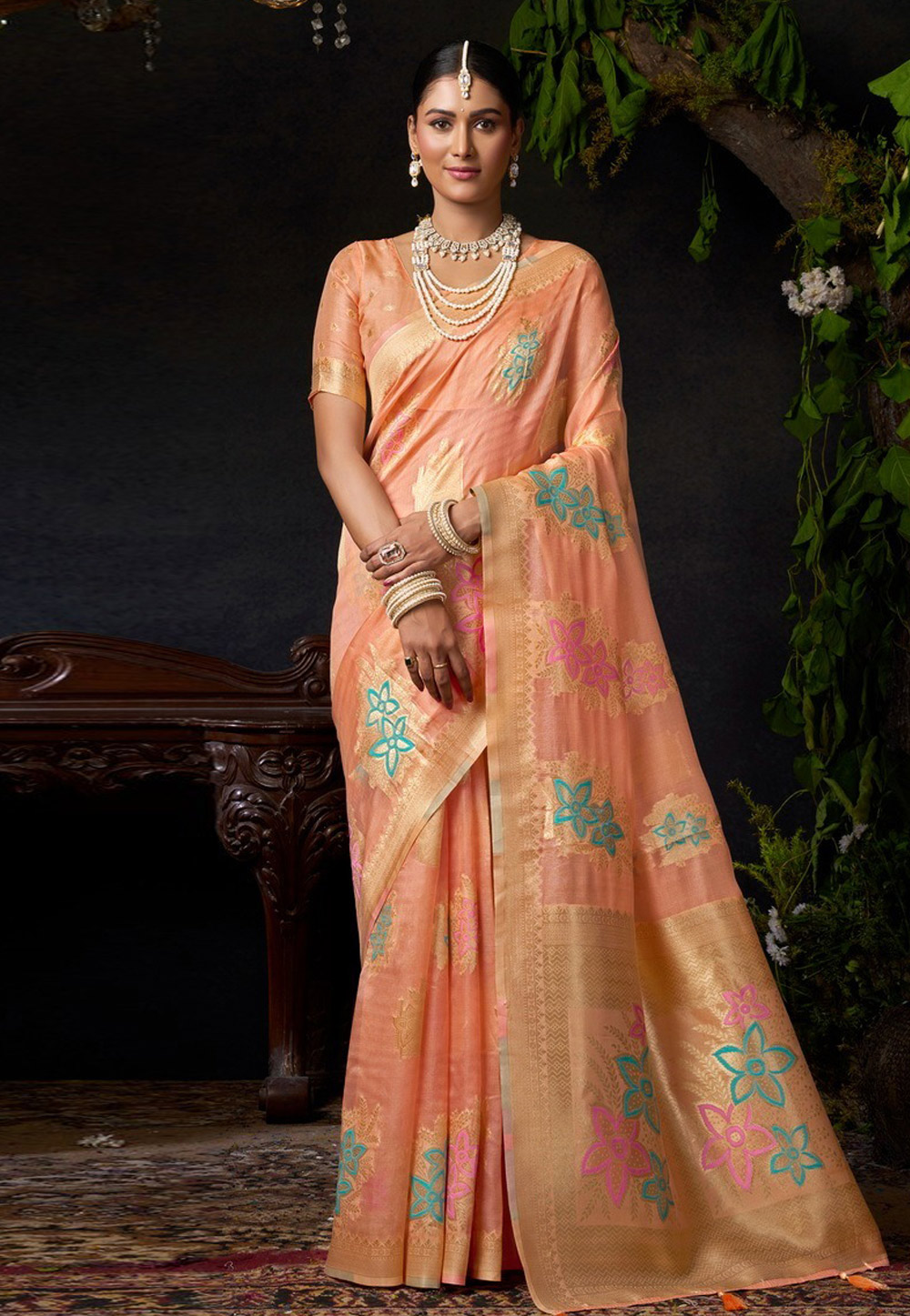 Peach Organza Saree With Blouse 318423