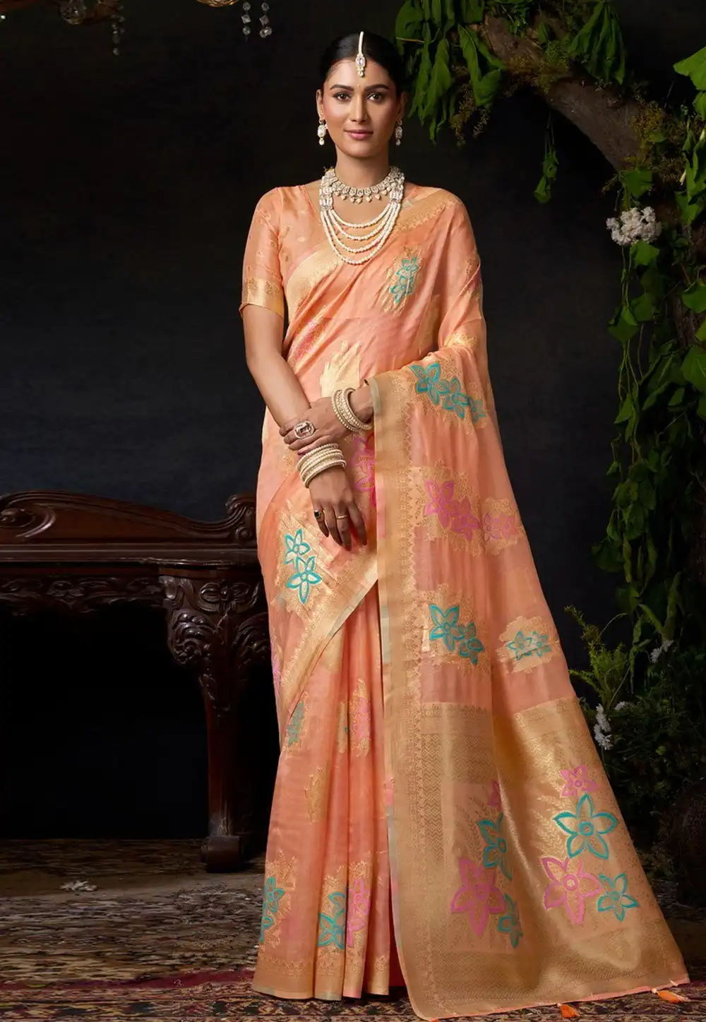 Peach Organza Saree With Blouse 318423