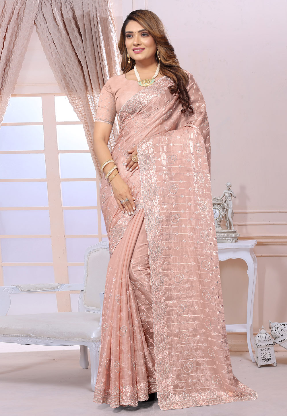 Peach Organza Saree With Blouse 280518