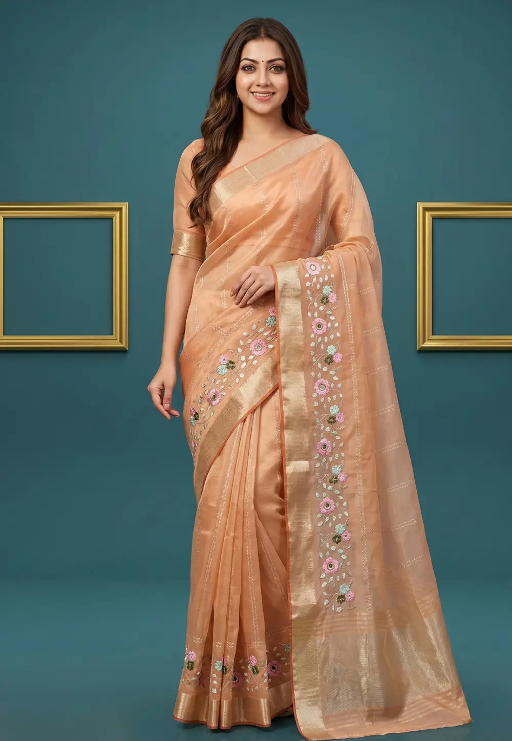 Peach Organza Saree With Blouse 336627