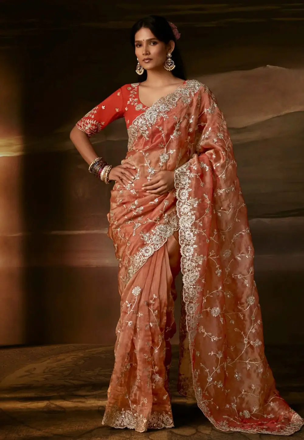 Peach Organza Saree With Blouse 336358