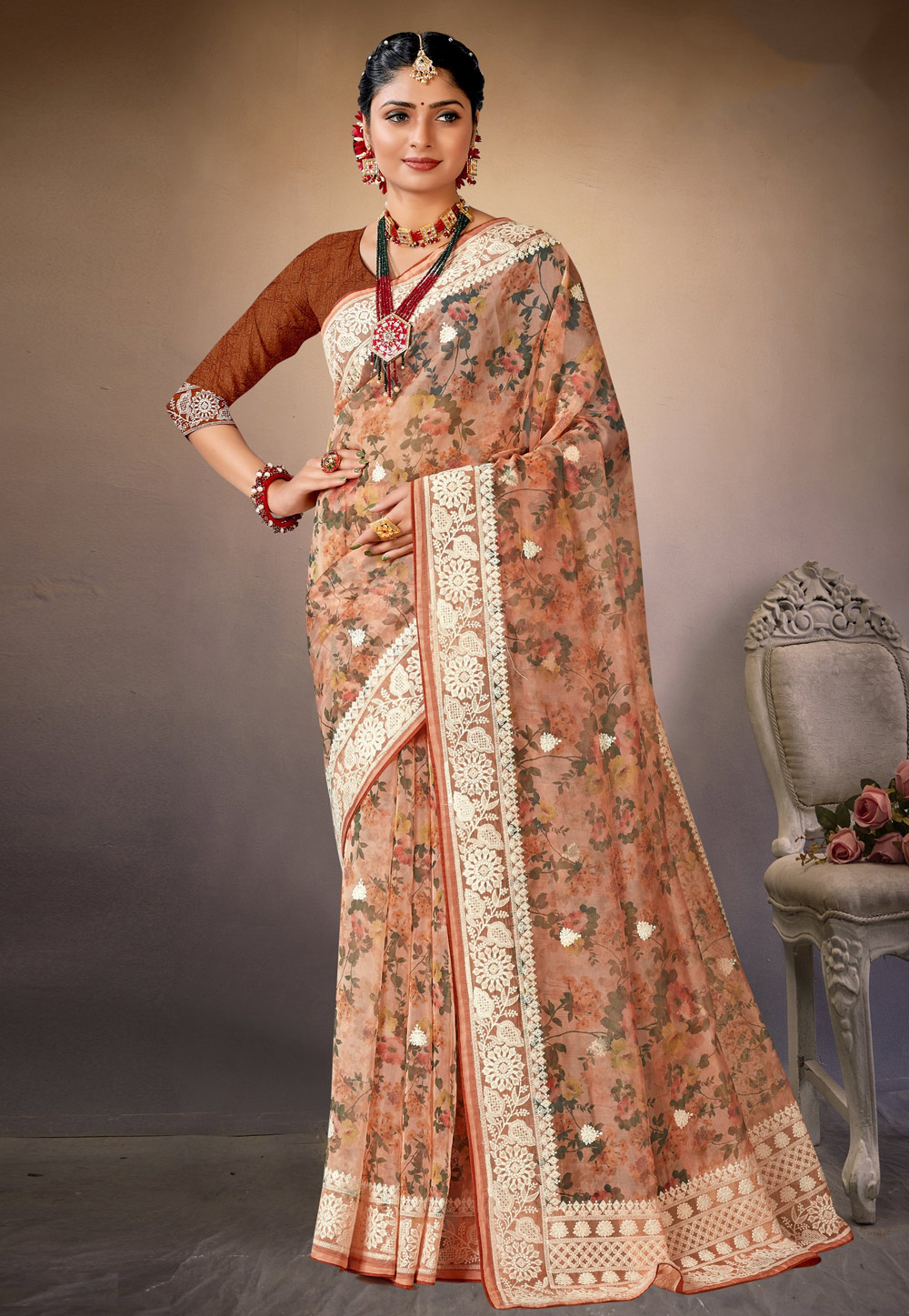 Peach Organza Saree With Blouse 278753