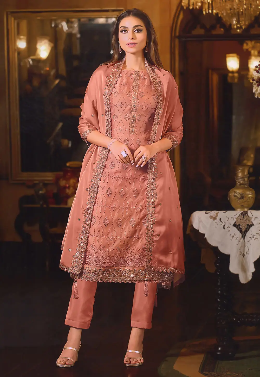 Peach Organza Straight Suit 336793