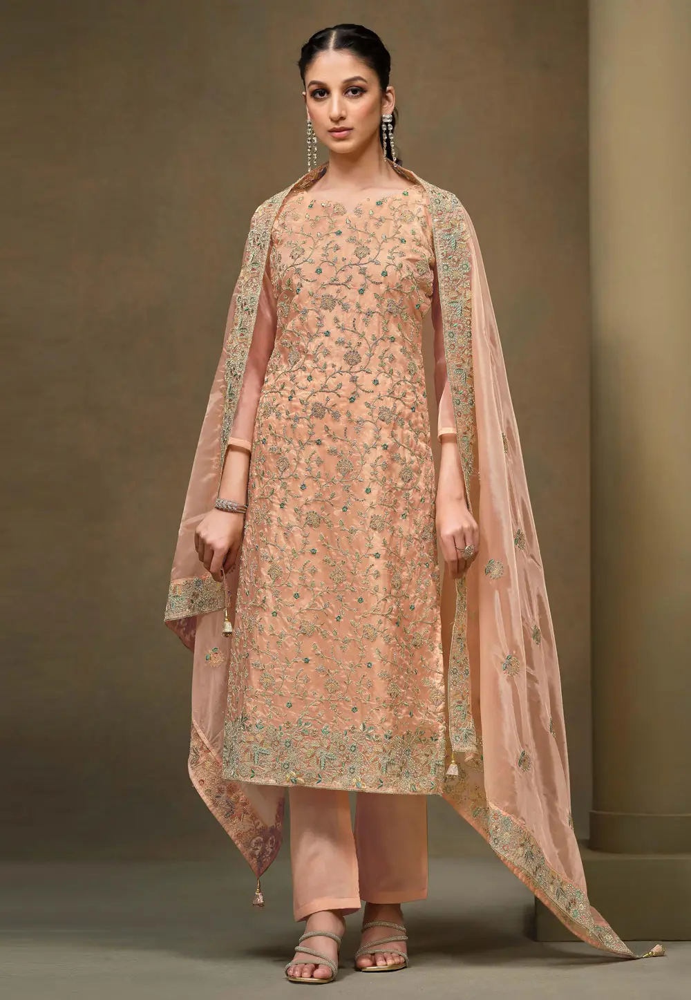 Peach Organza Straight Suit 336761
