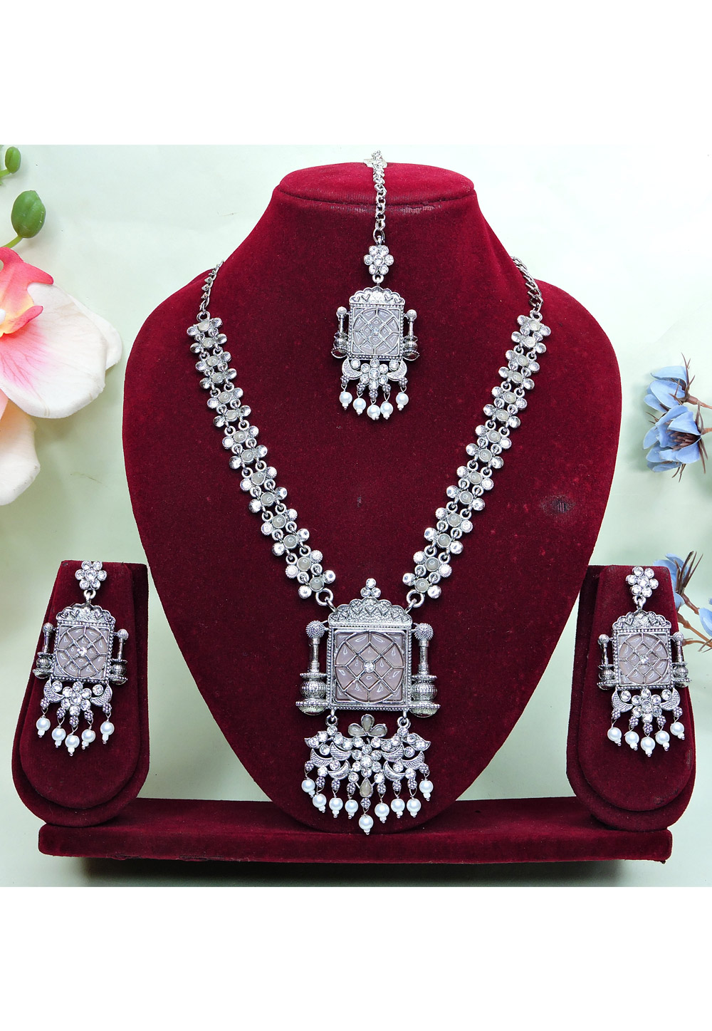 Peach Oxidised Necklace Set With Earrings and Maang Tikka For Navratri 312761