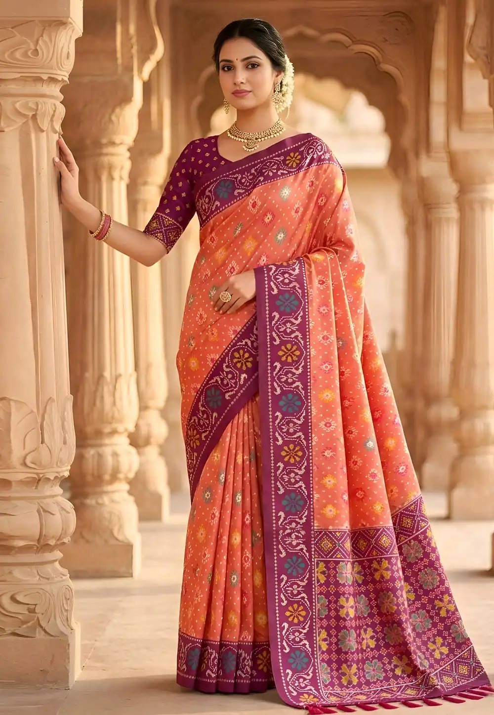 Peach Patola Silk Saree With Blouse 330492