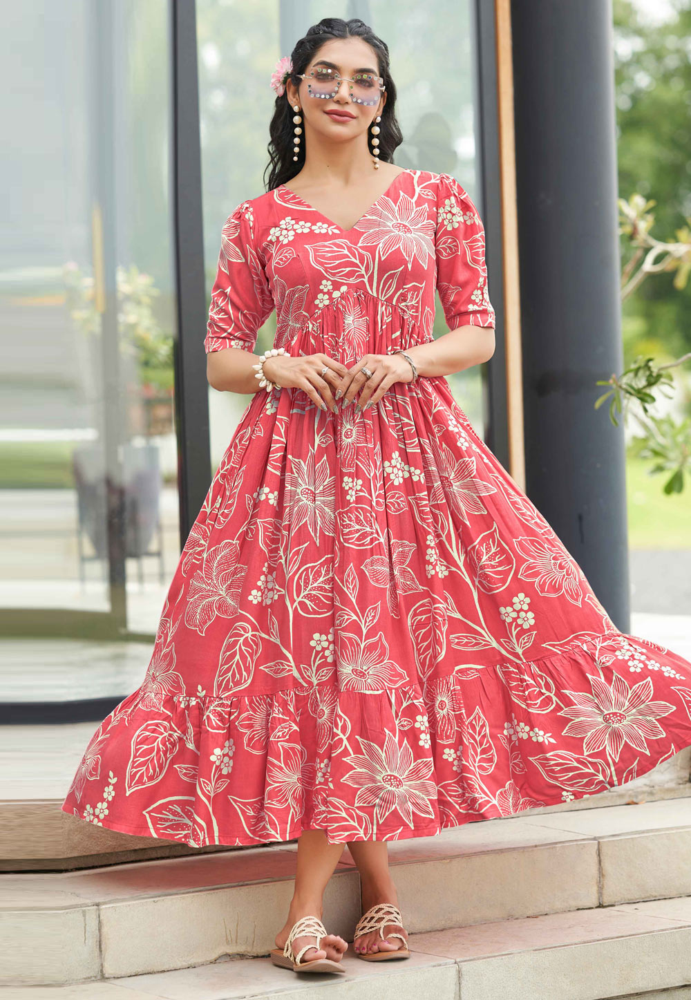 Peach Rayon Printed Gown 328647