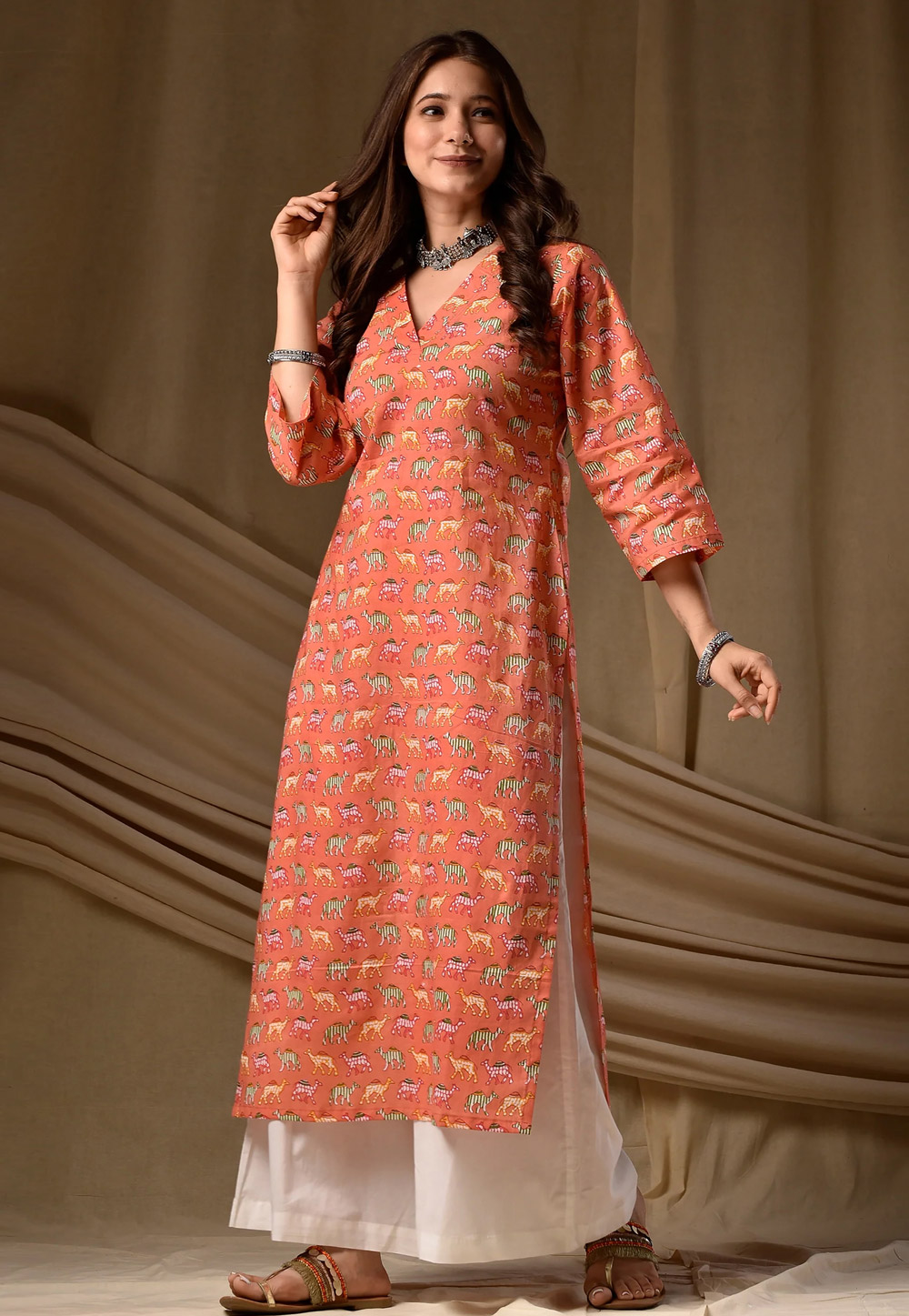 Peach Rayon Printed Long Kurti 329342