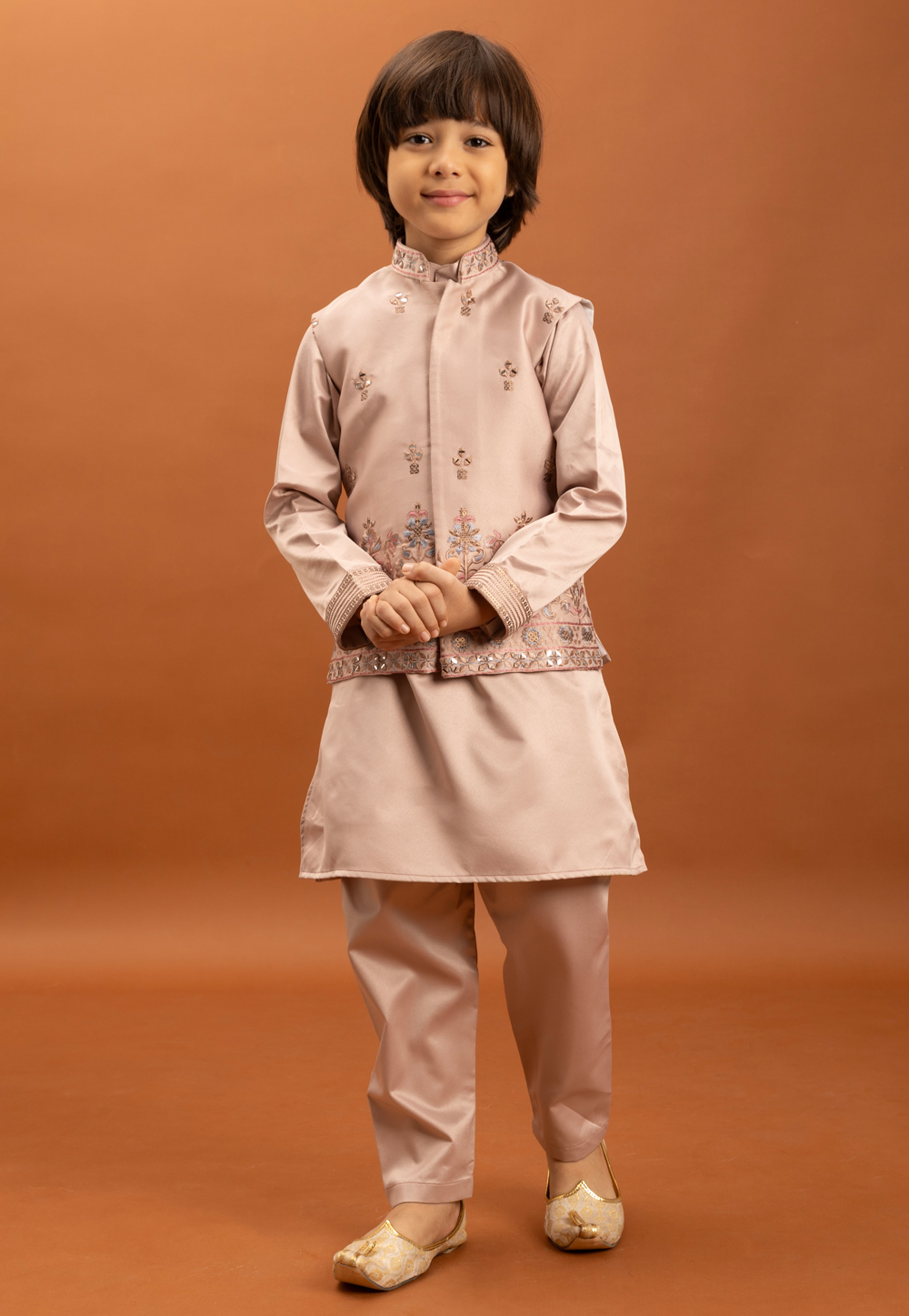 Peach Satin Kids Kurta Pajama With Jacket 319216