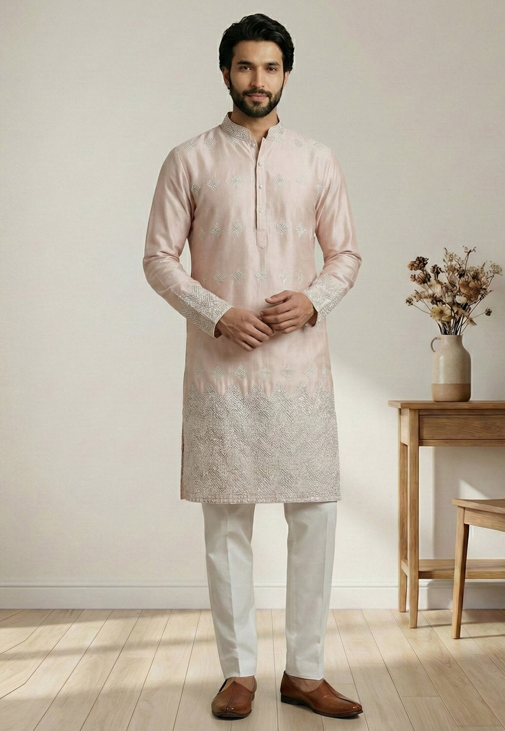 Peach Satin Kurta Pajama 324320