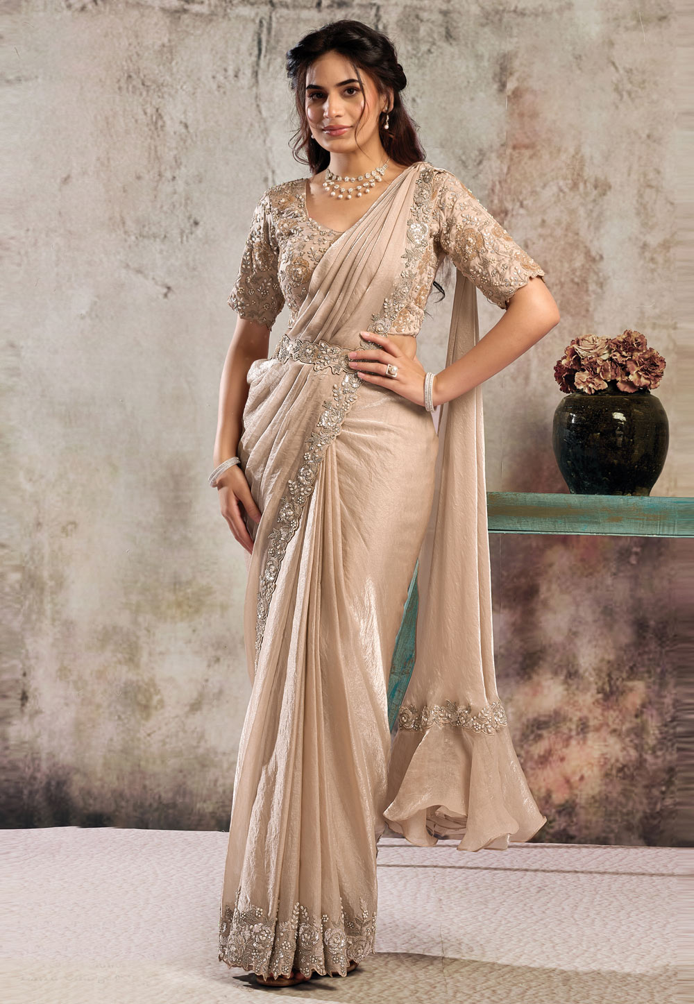 Peach Satin Lehenga Saree 324403