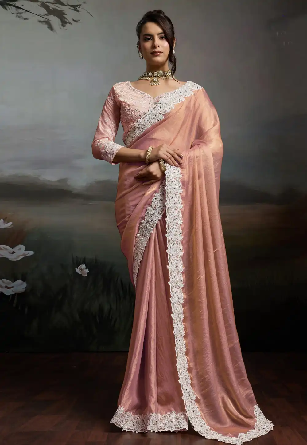 Peach Satin Saree With Blouse 328059