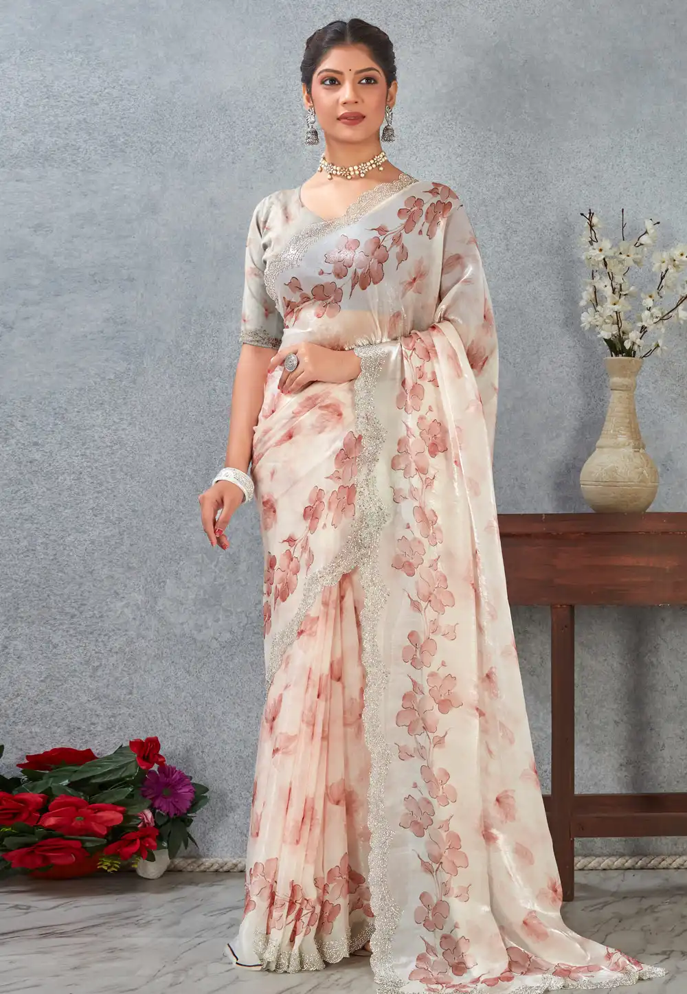 Peach Satin Saree With Blouse 318434