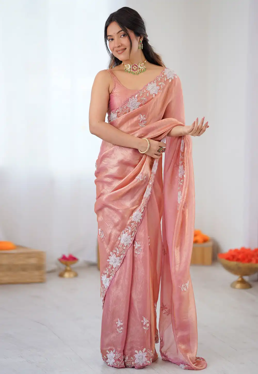Peach Satin Saree With Blouse 320286