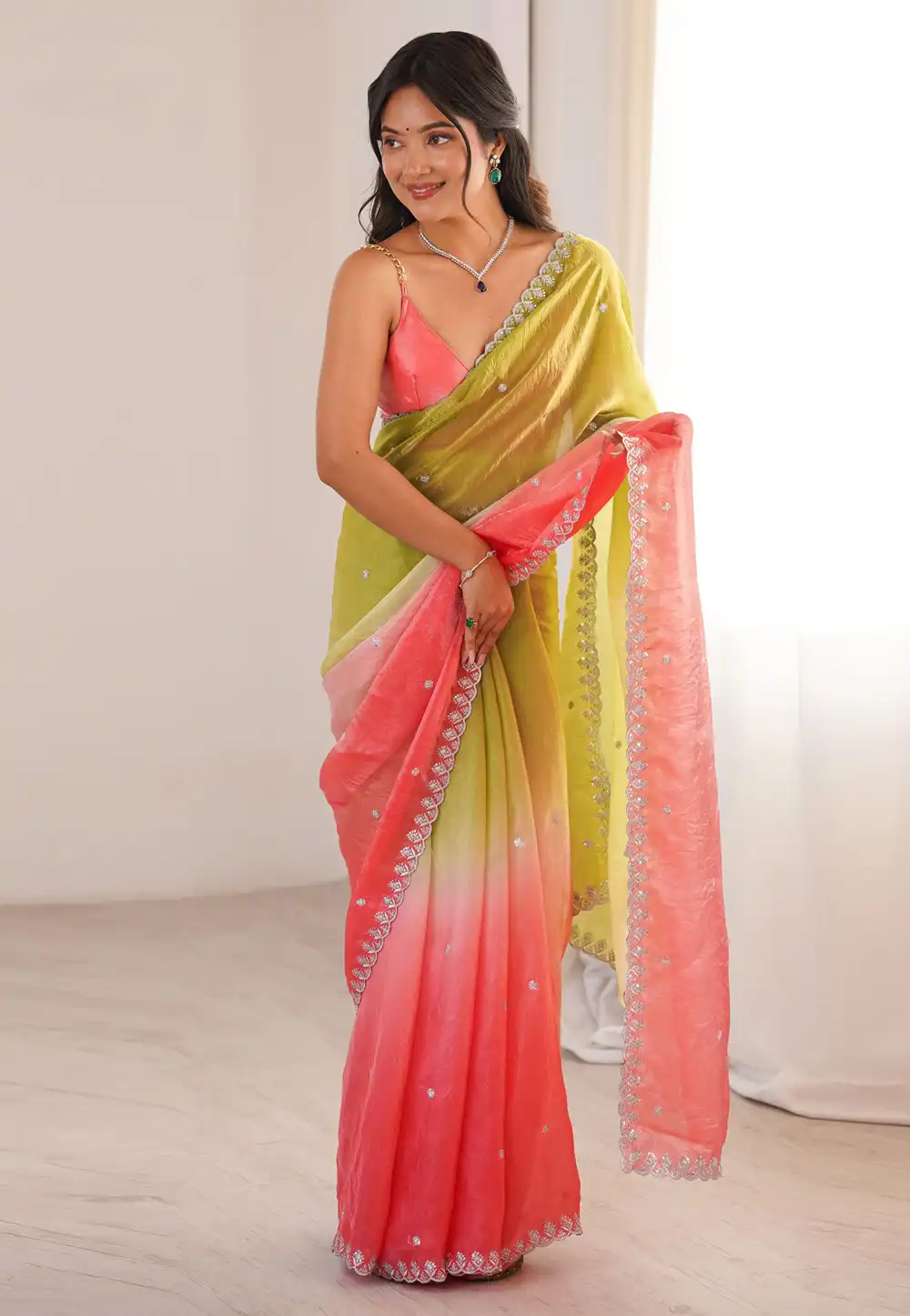 Peach Satin Saree With Blouse 329540