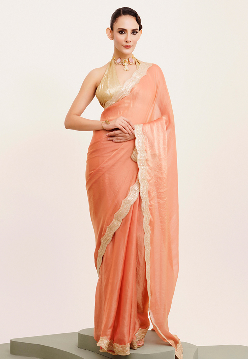 Peach Satin Saree With Blouse 312114