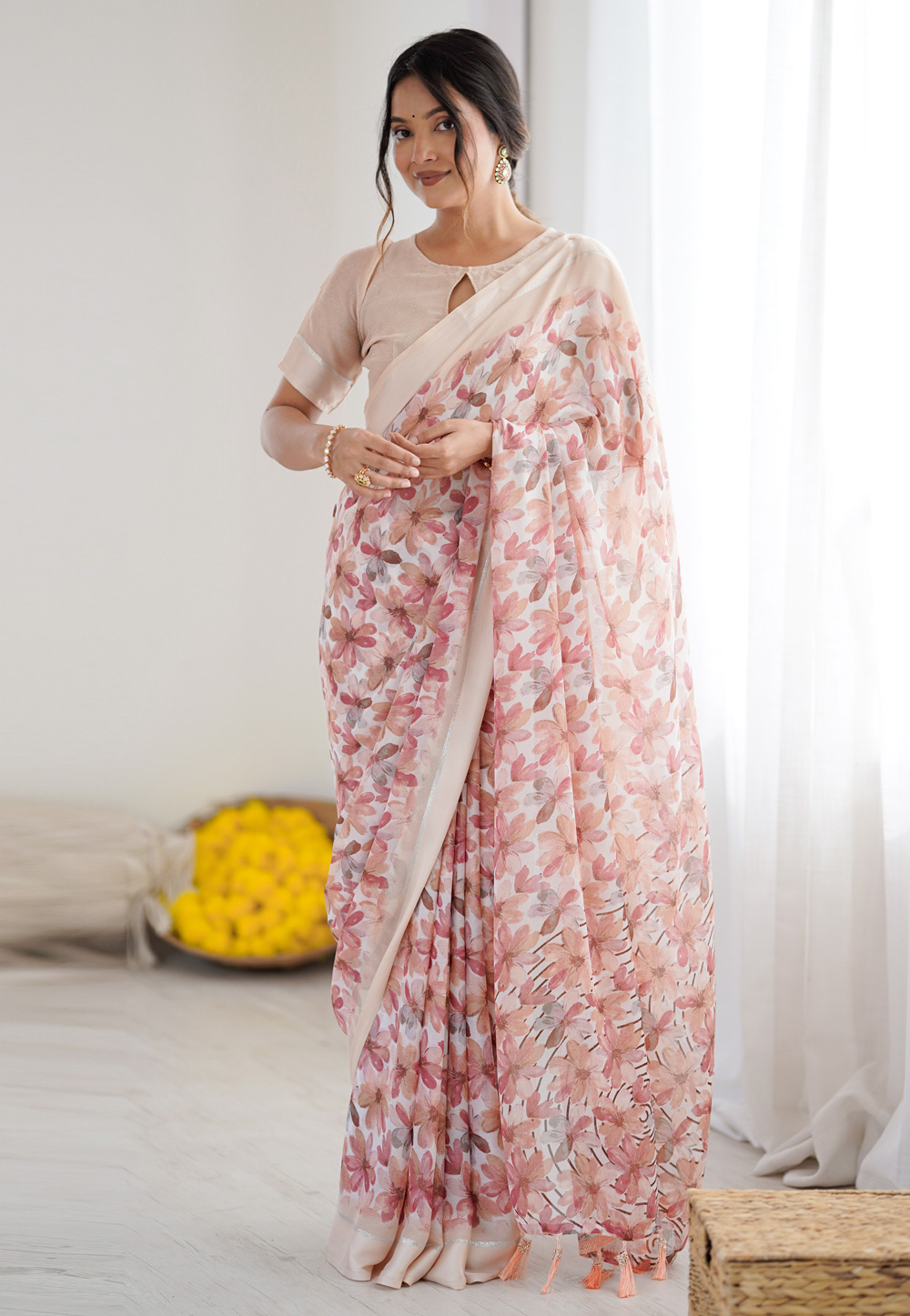 Peach Satin Saree With Blouse 319280