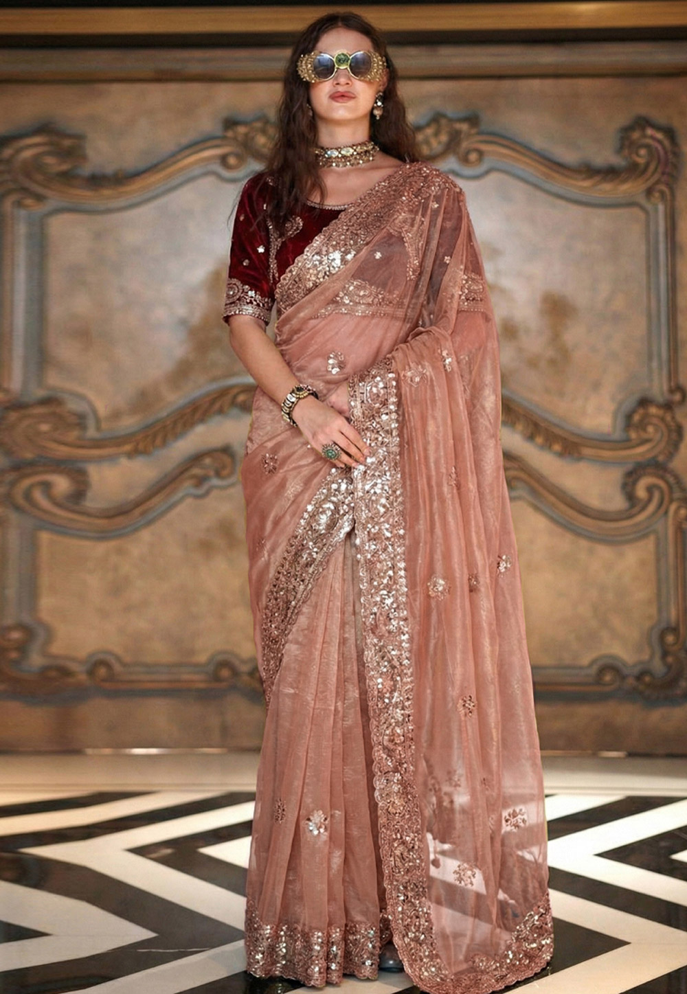 Peach Satin Saree With Blouse 330079