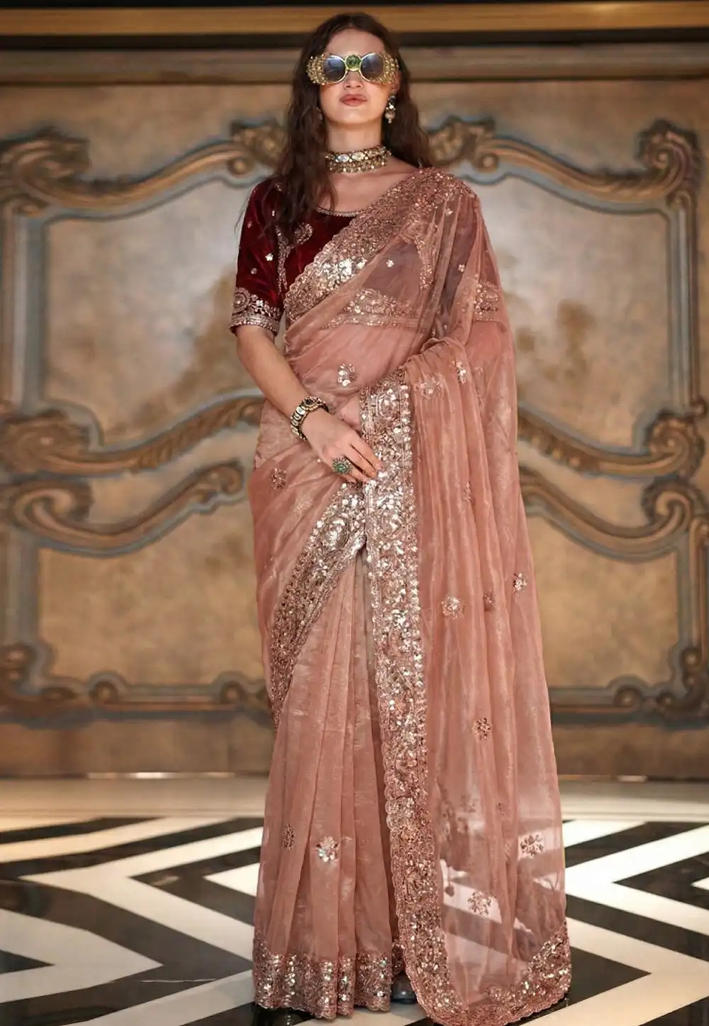 Peach Satin Saree With Blouse 330079