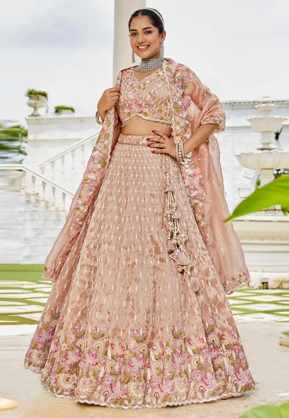 Peach Satin Silk Circular Lehenga Choli 317421