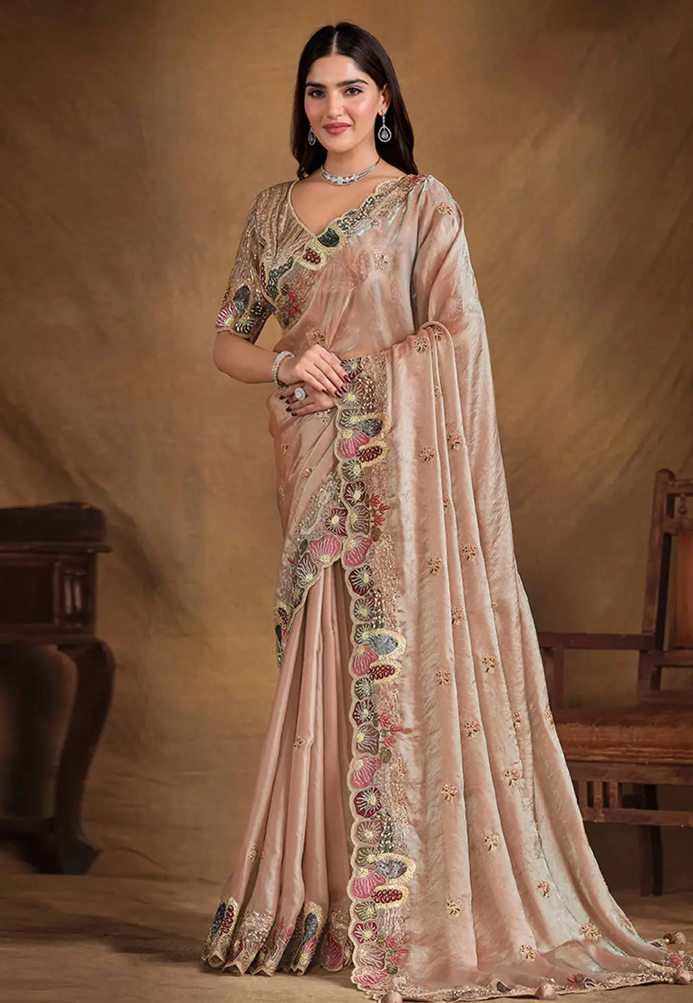 Peach Satin Silk Saree With Blouse 297180