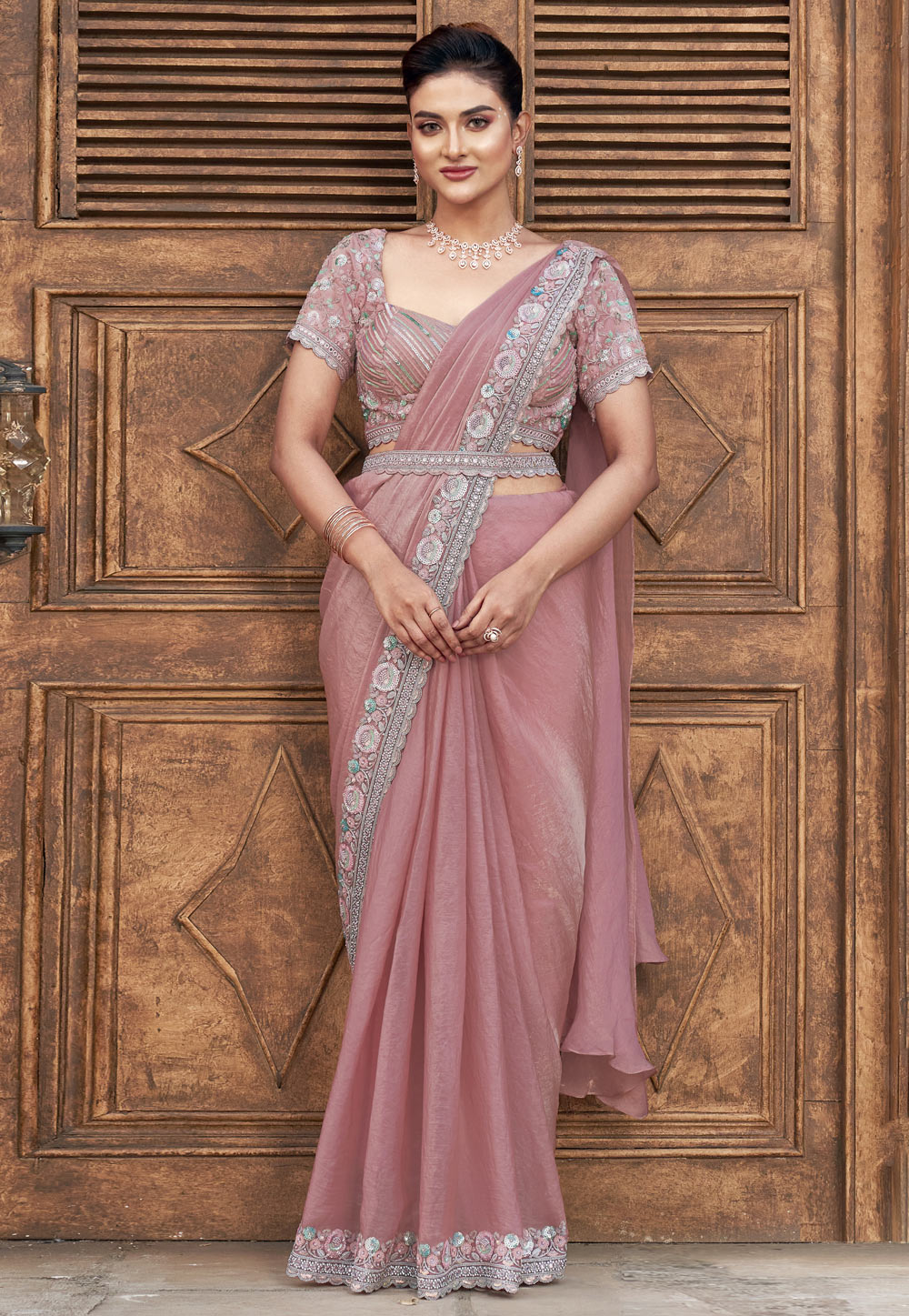 Peach Satin Silk Saree With Blouse 307005