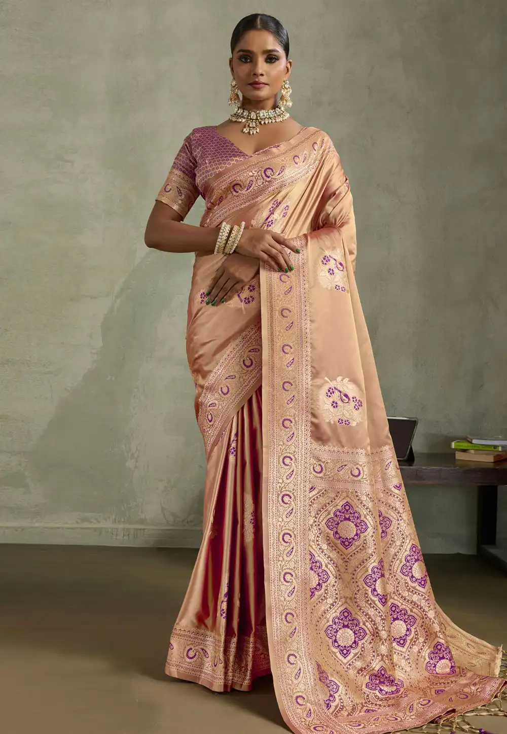Peach Satin Silk Saree With Blouse 317369