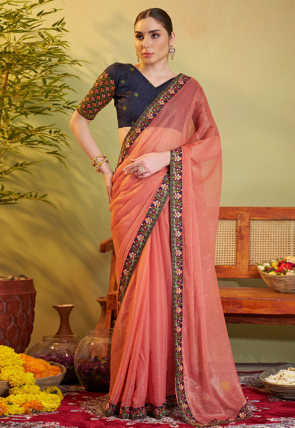 Peach Shimmer Chiffon Saree With Blouse 306488