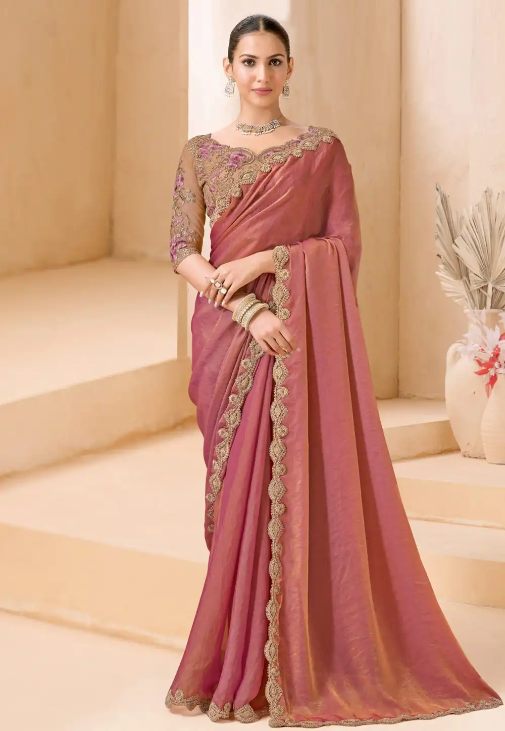 Peach Shimmer Georgette Saree With Blouse 327637