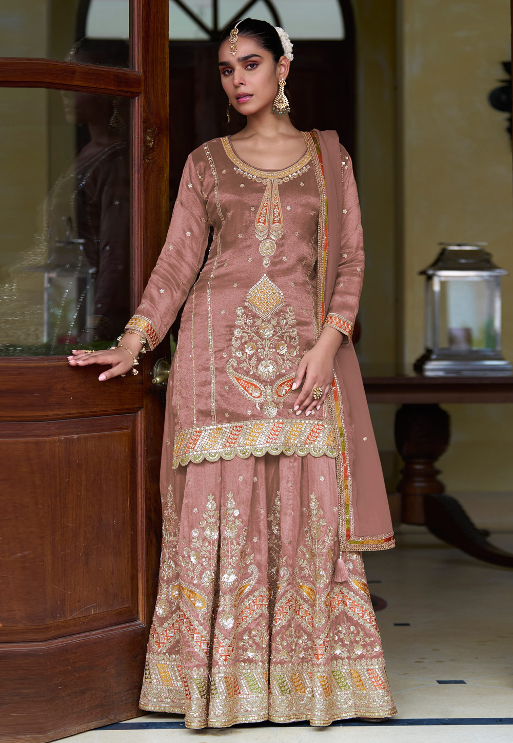 Peach Shimmer Indo Western Lehenga Choli 319957
