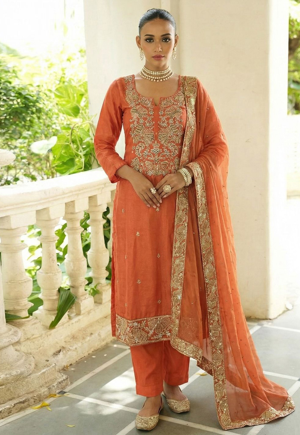 Peach Shimmer Pant Style Suit 323447