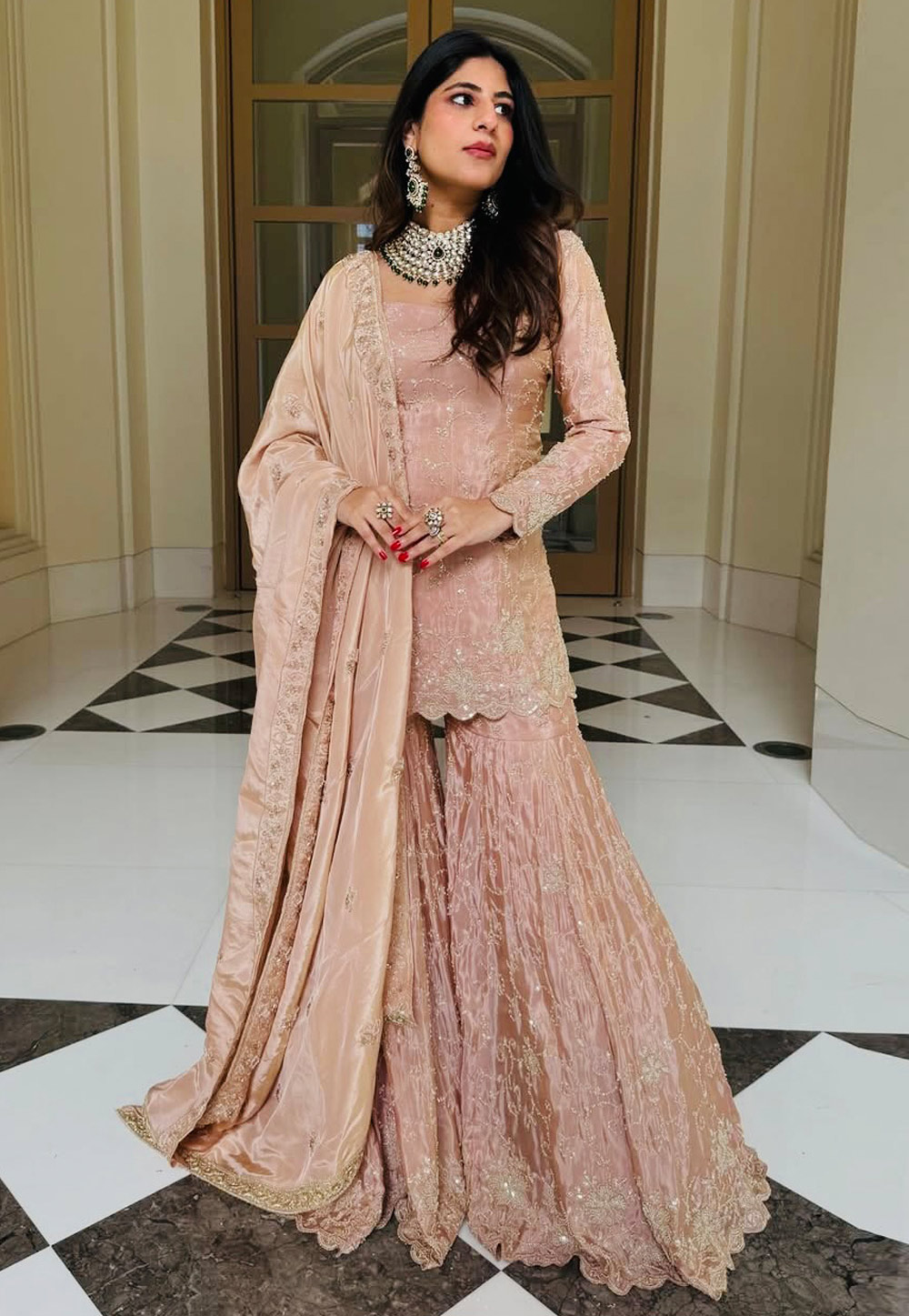 Peach Shimmer Readymade Sharara Suit 324054