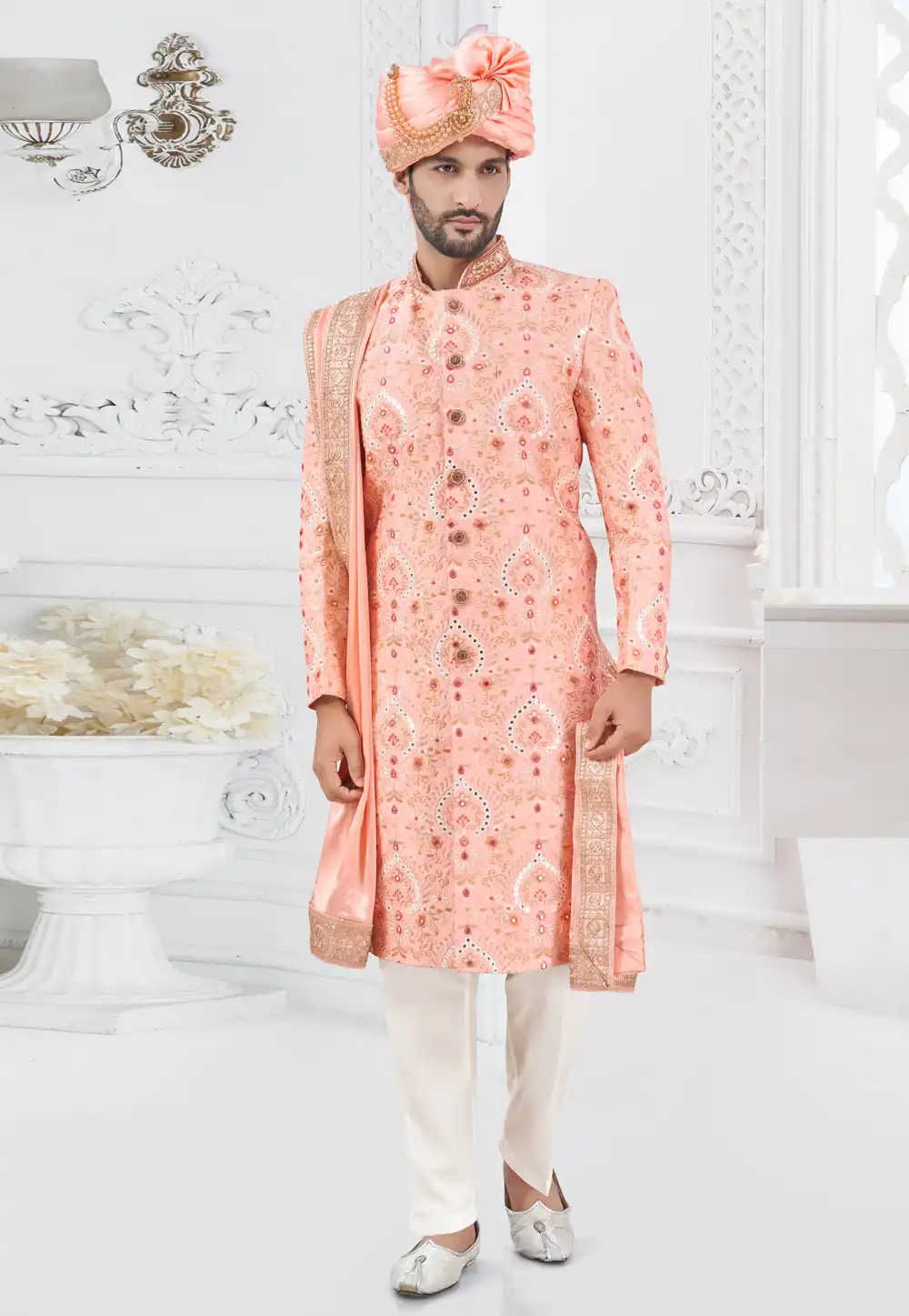 Peach Silk Achkan Style Sherwani 305199