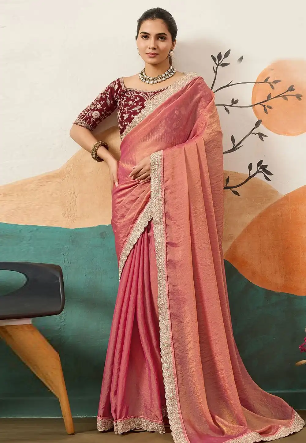 Peach Silk Chiffon Saree With Blouse 318789
