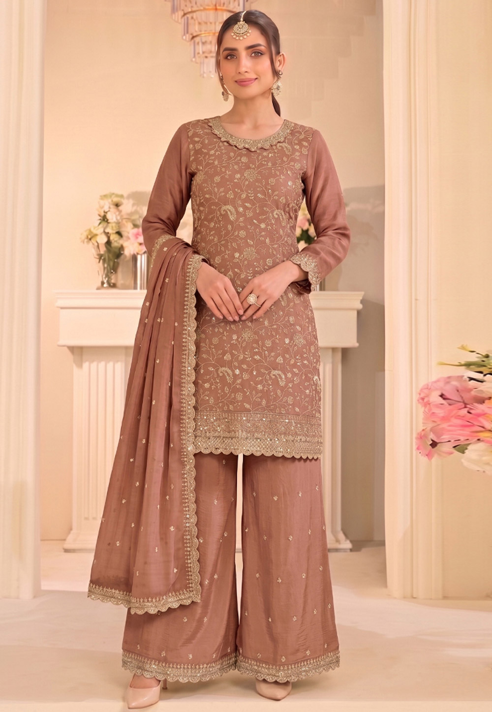 Peach Silk Embroidered Pakistani Suit 329769