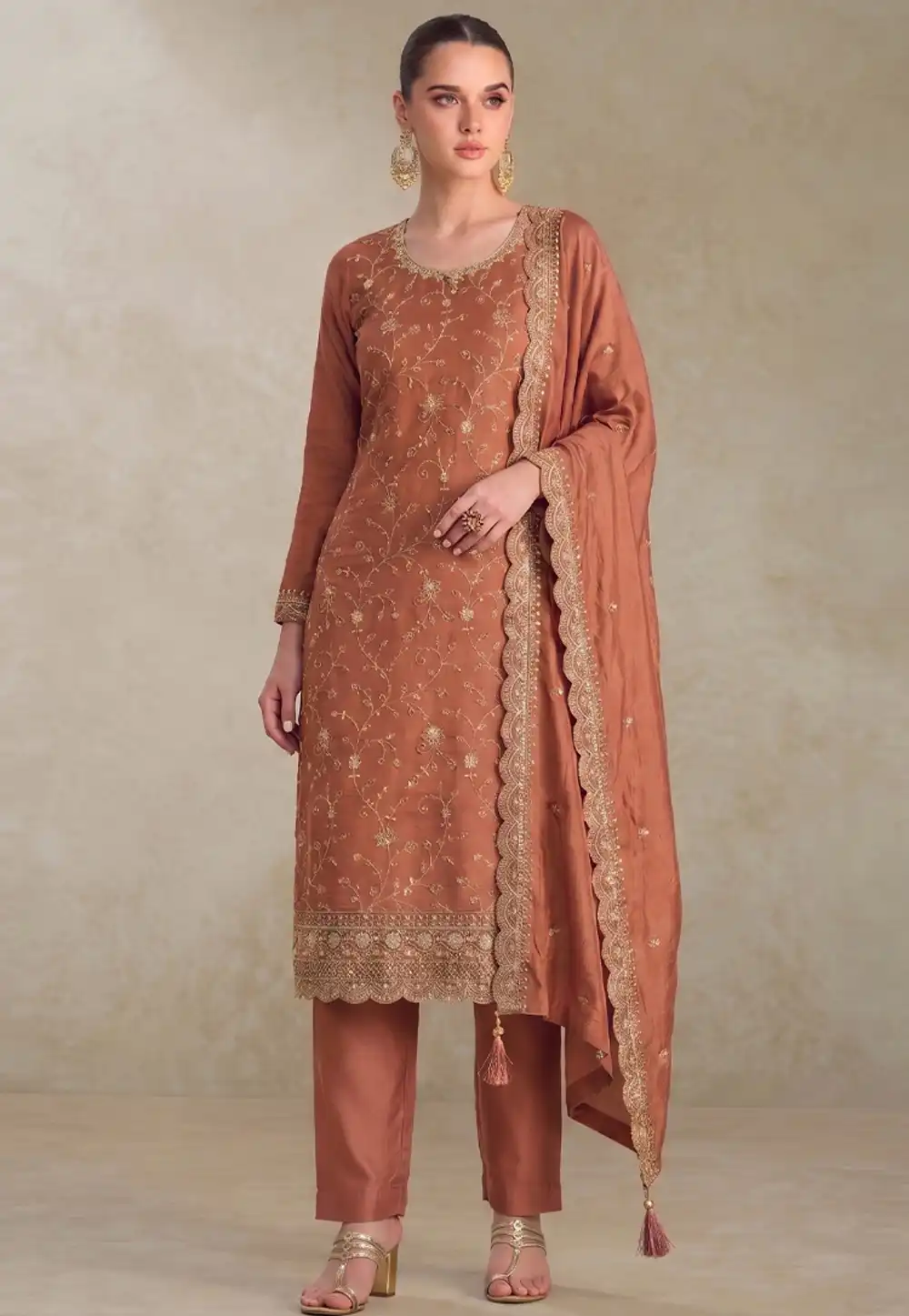 Peach Silk Embroidered Straight Suit 329748