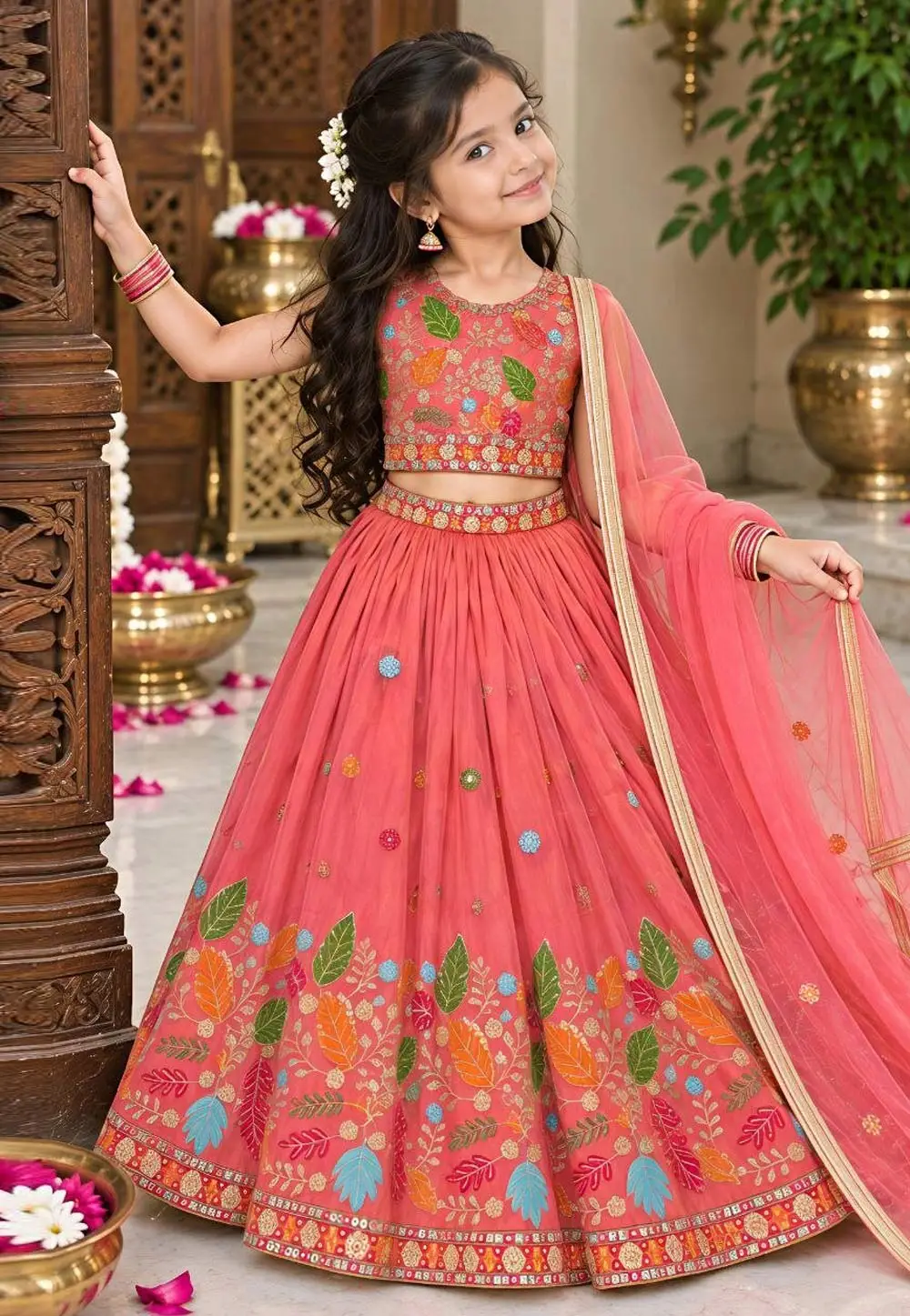 Peach Silk Girls Lehenga Choli 336485
