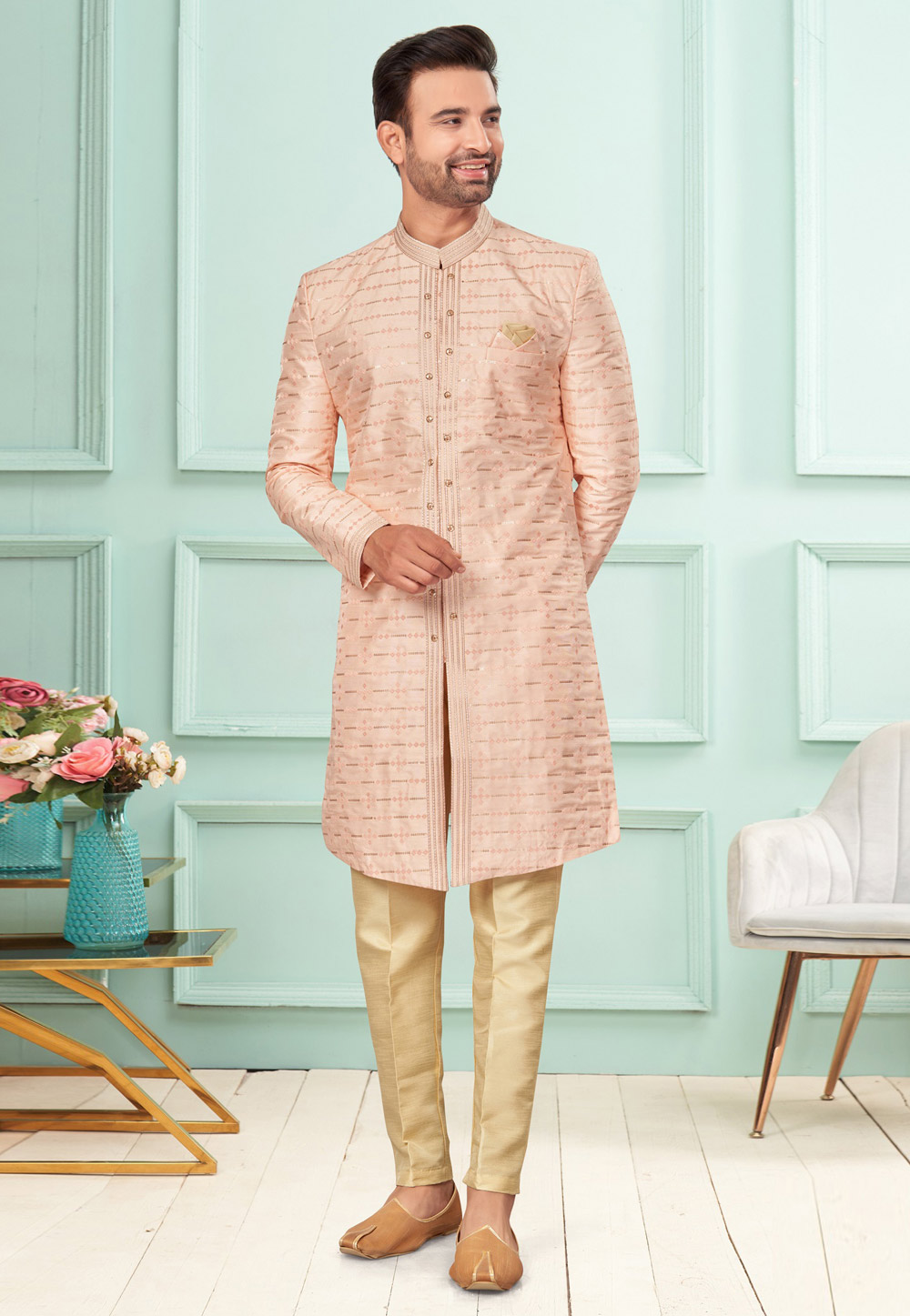 Peach Silk Indo Western Suit 283915