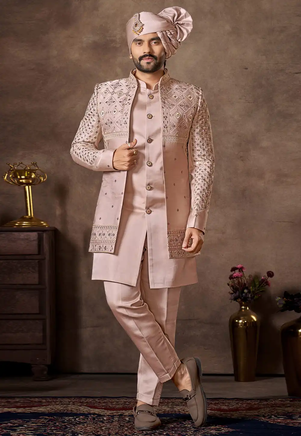Peach Silk Indo Western Suit 324104
