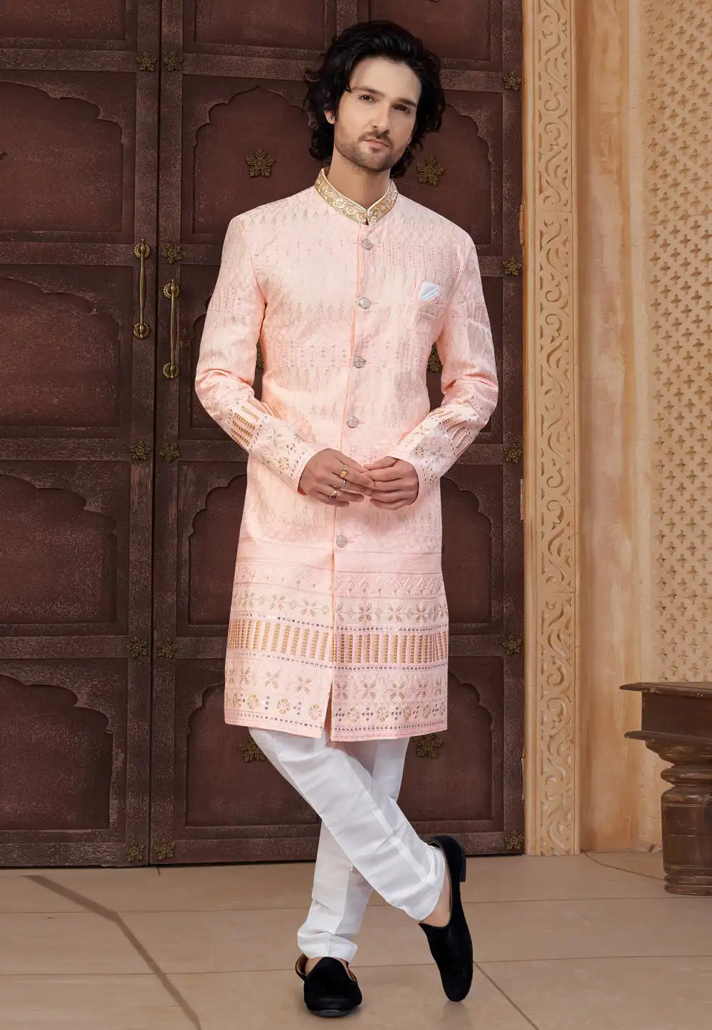 Peach Silk Indo Western Suit 317881