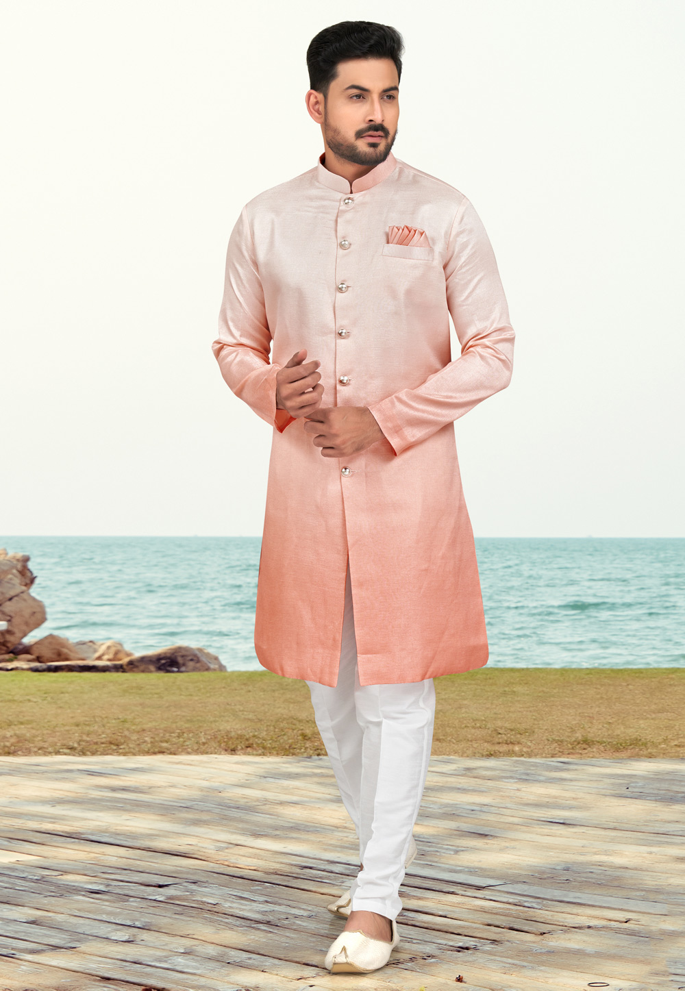 Peach Silk Indo Western Suit 279725