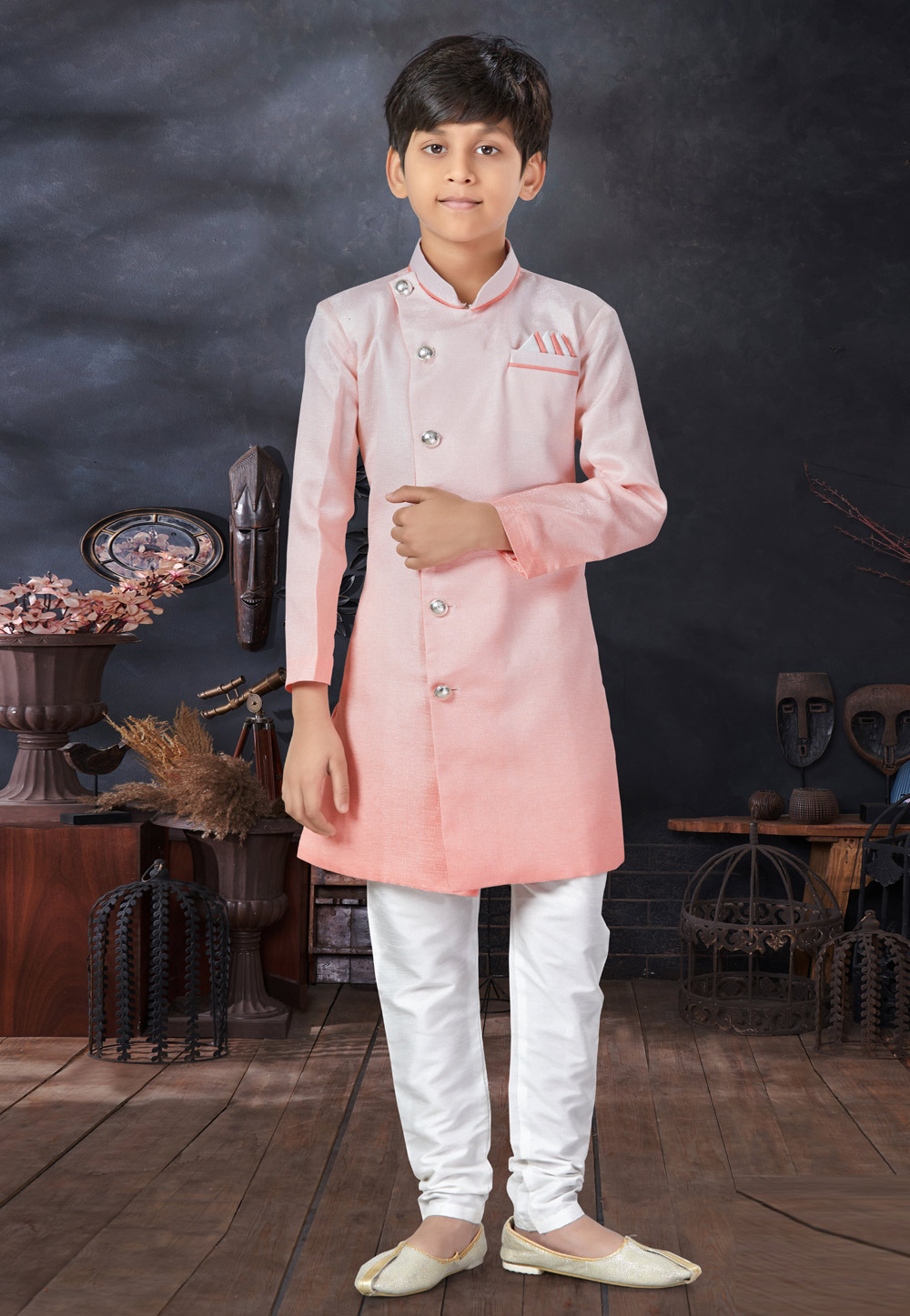Peach Silk Kids Indo Western Sherwani 279094