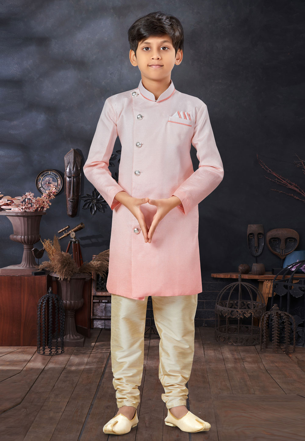 Peach Silk Kids Indo Western Sherwani 279106